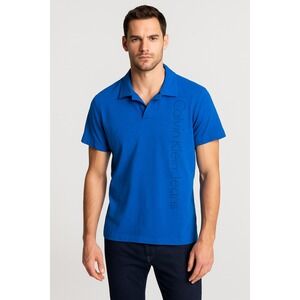 Calvin Klein Jeans Polo Shirt Mens XL Blue Cotton Short Sleeve Logo Vertical